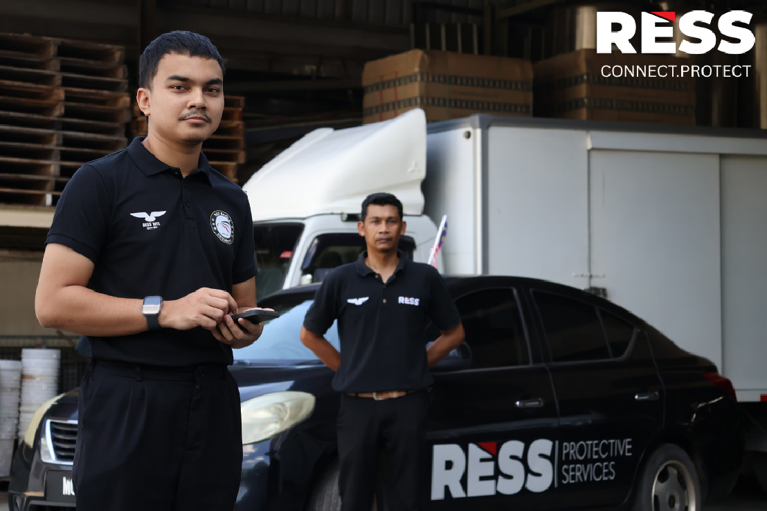 RESS security personnel conducting on-site patrol and safety checks, ensuring secure operations and maintaining a visible presence at client premises.