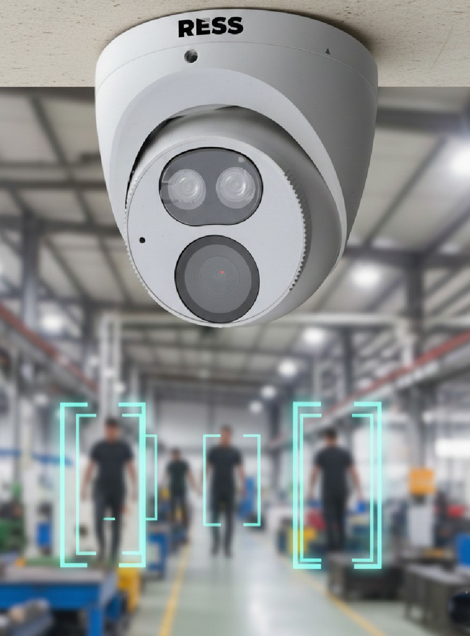 A RESS smart CCTV camera monitoring activity inside a facility, equipped with AI detection features to track movement and enhance situational awareness.