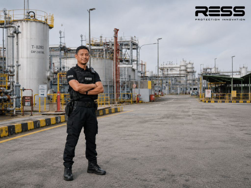 ESS security personnel conducting on-site patrol and safety checks, ensuring secure operations and maintaining a visible presence at client premises.